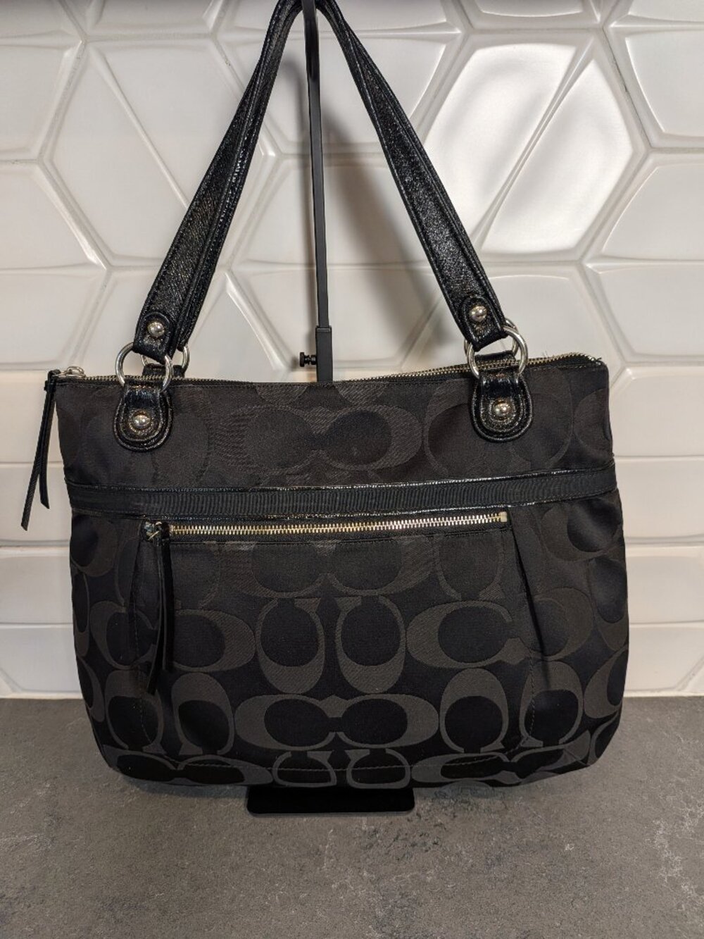 Coach Signature Shoulder Black Large Bag Canvas Poppy